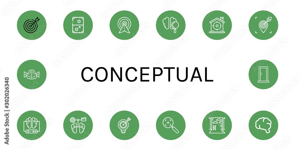 Set of conceptual icons such as Target, Air hockey, Brain, Backdrop, Door , conceptual Set of conceptual icons such as Target, Air hockey, Brain, Backdrop, Door , conceptual