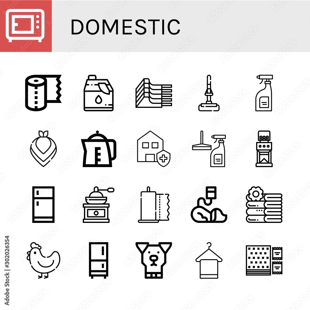 Set of domestic icons such as Microwave, Paper towel, Cleaner, Mutton, Mop, Cleaning products, Kerchief, Kettle, Clean house, Window cleaner, Coffee grinder, Fridge , domestic