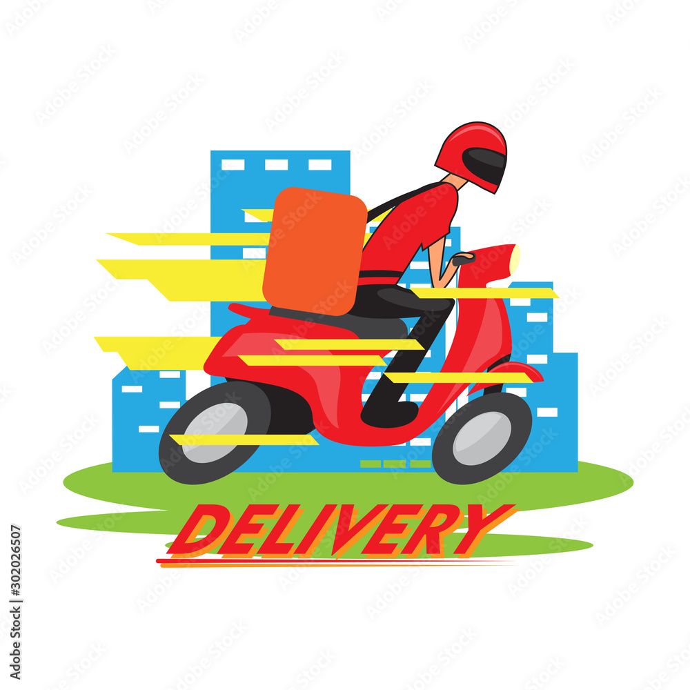 Delivery boy over a motorcycle over a colored cityscape - Vector