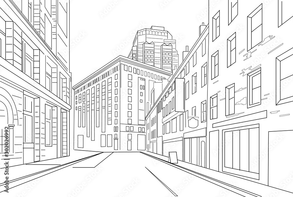 Outline sketch vector of an town city with signs and straight architecture
