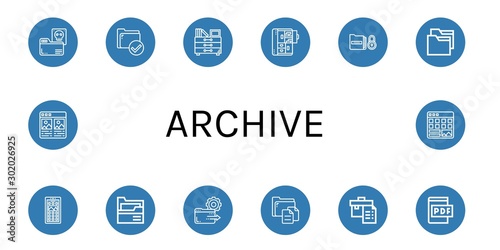 Set of archive icons such as Documents, Folder, Drawers, Cabinet, App drawer, File, Portfolio, Pdf file , archive