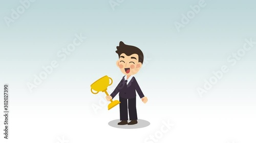 2d cartoon Character Animation, Businessman is smile and happy with trophy in his hand also jumping up. 4k Video 2d Character Animation loop isolated, alpha