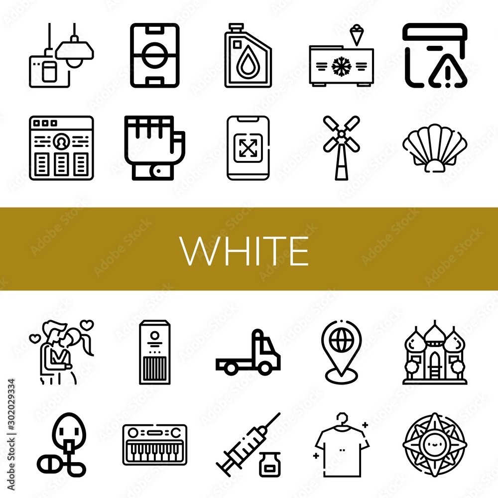 Set of white icons such as Turn off, Resume, Football field, Gloves, Oil, Smartphone, Freezer, Windmill, Important delivery, Shell, Kiss, Oxygen mask, Sticks, Keyboard , white