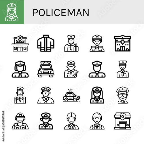 Set of policeman icons such as Police officer, Police station, Firefighter uniform, Customs, Police, Policewoman, car, Policeman, Cop, Riot Officer , policeman