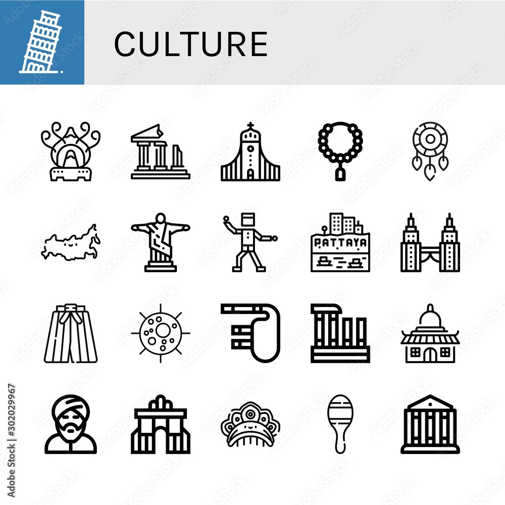 Set of culture icons such as Leaning tower of pisa, Incense burner, Ruins, Hallgrimskirkja, Bead, Dreamcatcher, Russia, Christ the redeemer, Funky, Pattaya, Petronas twin tower , culture
