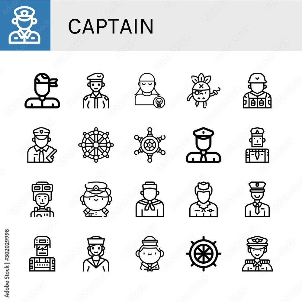 Set of captain icons such as Policeman, Pirate, Soldier, Helm, Captain, Sailor, Flight attendant, Rudder , captain Set of captain icons such as Policeman, Pirate, Soldier, Helm, Captain, Sailor, Flight attendant, Rudder , captain