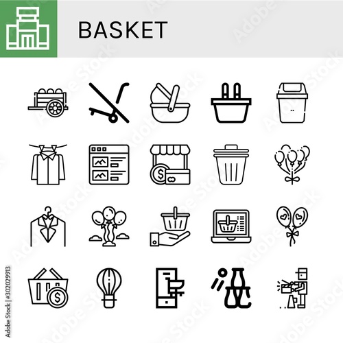 Set of basket icons such as Shopping mall, Cart, No trolley, Moses basket, Shopping basket, Bin, Laundry, Products, Shopper, Trash bin, Balloon, Balloons, Online shopping ,