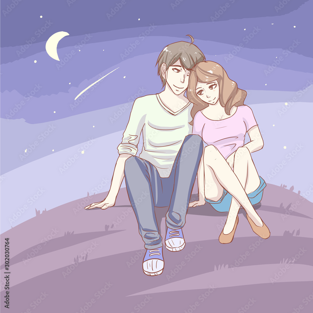 couple in love sitting together lay head on each other grass at romantic  night with stars and moon in cartoon anime kawaii style vector Stock Vector  | Adobe Stock