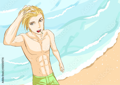 sexy man cartoon anime on beach vacation and holiday vector concept