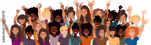 Group of happy smiling women of different race together. Flat style illustration isolated on white. Feminism diversity tolerance girl power concept.