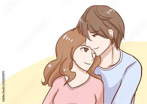 Couple hug smiling to each other romantic sweet pastel vector illustration in concepts cute kawaii anime manga style relationship and valentine in love.