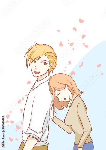 Couple walking, laugh, smiling playing with each other romantic sweet pastel background is pink flower falling vector in concepts cute kawaii anime manga style relationship and valentine in love