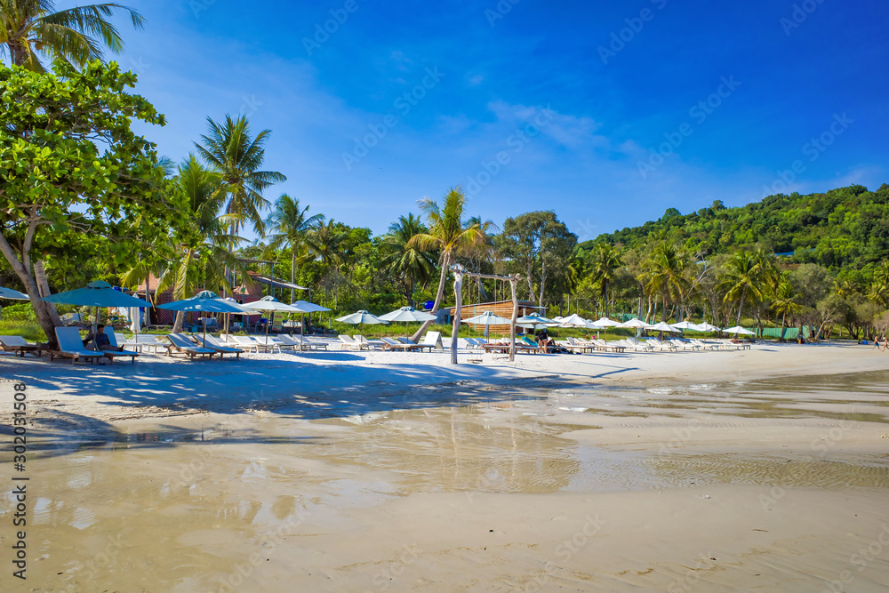 Sandy beach on the bay, high palm trees, blue sky, swings on the beach, sun loungers for relaxation and sunbathing under umbrellas, tourists resting, Phu Quoc island, Vietnam