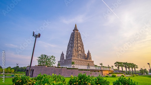 Mahabodhi Temple or Bodh Gaya Pagoda at Wat-Panyanantaram  sunrise and beautiful sky, Wat Panyanantaram is famous pagoda and popular for traveler near bangkok at Pathum Thani, Thailand