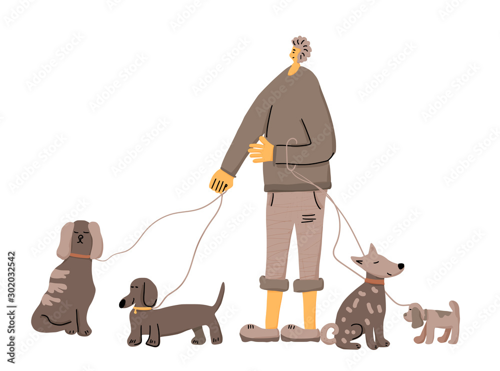 Dog walking. Human person with dog. Vector design.