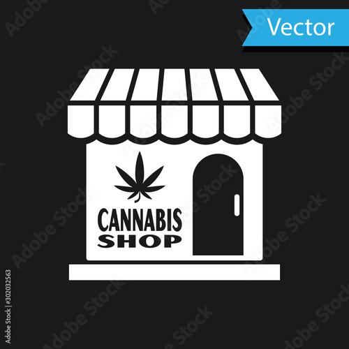 White Marijuana and cannabis store icon isolated on black background. Equipment and accessories for smoking, storing medical cannabis. Vector Illustration