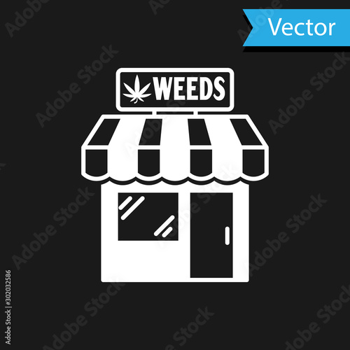 White Marijuana and cannabis store icon isolated on black background. Equipment and accessories for smoking, storing medical cannabis. Vector Illustration