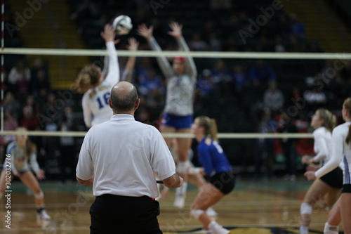 A volleyball line judge watches play at the net