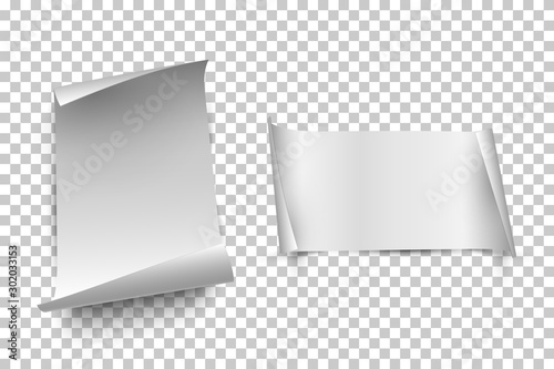 White vertical and horizontal paper sheets with curled edges isolated on transparent background. Vector design elements.