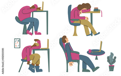 Tired person sitting and sleeping. Vector design.