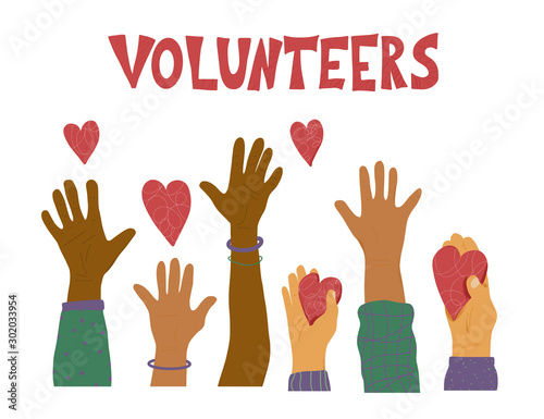 Volunteers hands up concept. Vector simple design