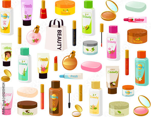 Vector illustration of various beauty products and lotions