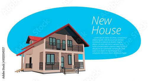 Banner with a two-storey residential building and a place for the title and your text. Vector isolated object for your design.