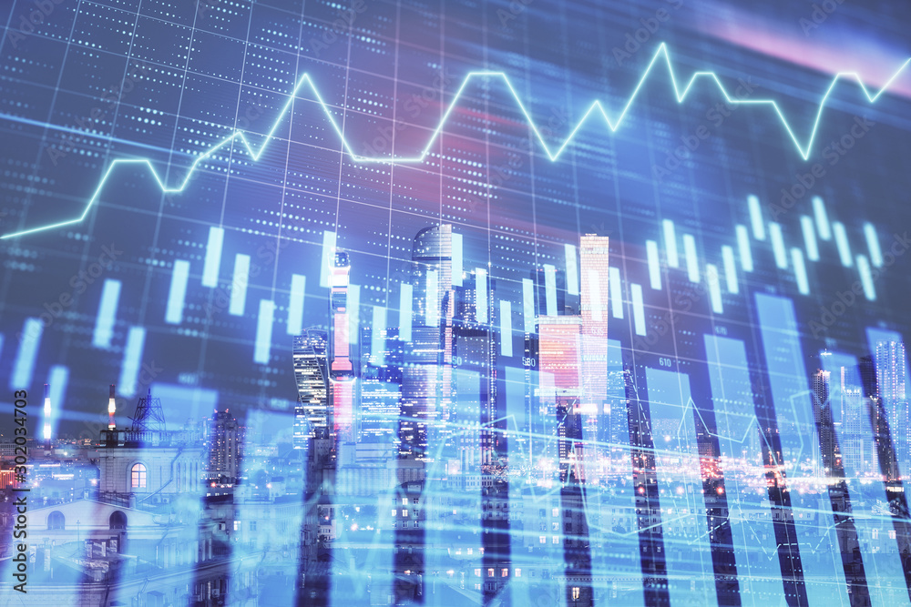 Double exposure of financial chart on Moscow city downtown background. Concept of stock market analysis Double exposure of financial chart on Moscow city downtown background. Concept of stock market analysis