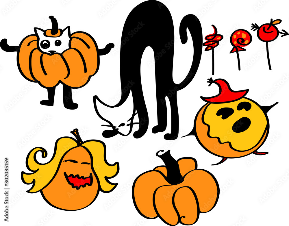 Halloween set pumpkin cat candy isolated Halloween set pumpkin cat candy isolated