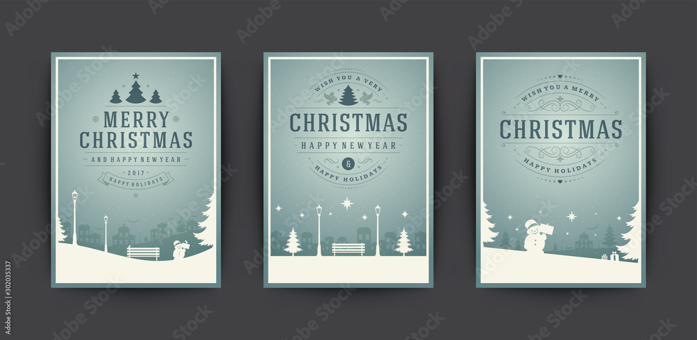 Christmas greeting cards set and ornate typographic winter holidays text vector illustration