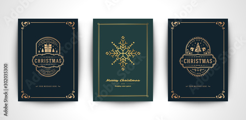 Christmas greeting cards set and ornate typographic winter holidays text vector illustration.