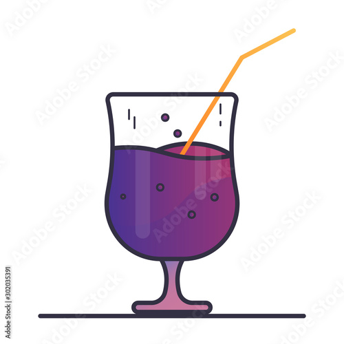 Mysterious violet-pink cocktail. Drink in a glass goblet with a paper straw tube. Outline vector icon.