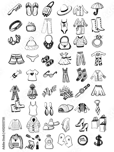 Black and white sketch set of 54 items of clothes and accessories onwhite background