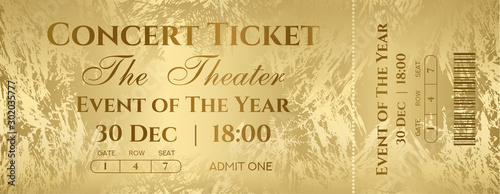 Golden ticket vector template for reward card design with gold background and golden grunge ice texture pattern. Useful for VIP Coupon, any festival, party, cinema, event or entertainment show