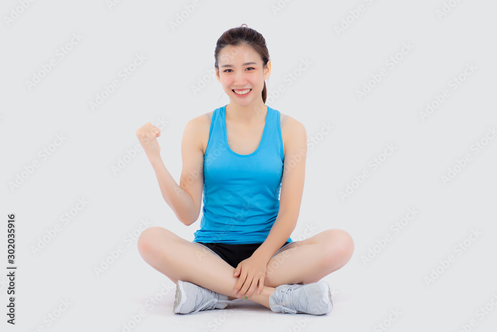 Beautiful portrait young asian woman in sport excited and success satisfied and confident isolated on white background, asia girl glad have shape and wellness, exercise for fit with health concept. Beautiful portrait young asian woman in sport excited and success satisfied and confident isolated on white background, asia girl glad have shape and wellness, exercise for fit with health concept.