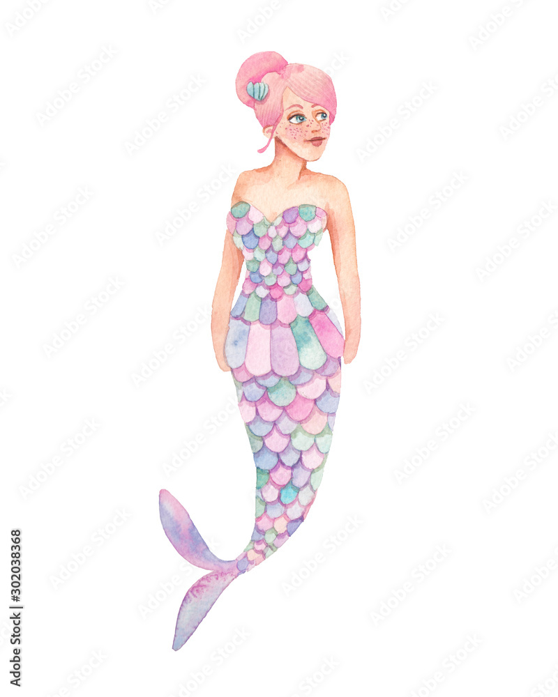Watercolor mermaid in cartoon style. Hand drawn isolated illustration. Girly artwork Watercolor mermaid in cartoon style. Hand drawn isolated illustration. Girly artwork