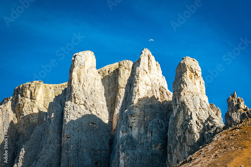 Beautiful panorama view of the Sellastock massif in the italian Dolomites mountains