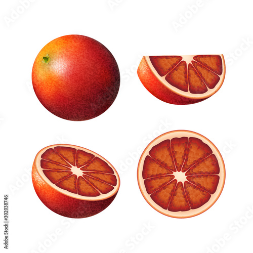 Set of bloody orange. Isolated half of red colorful orange, whole round fruit, half, and juicy slice on white background. Realistic colored juicy red orange, tarocco.