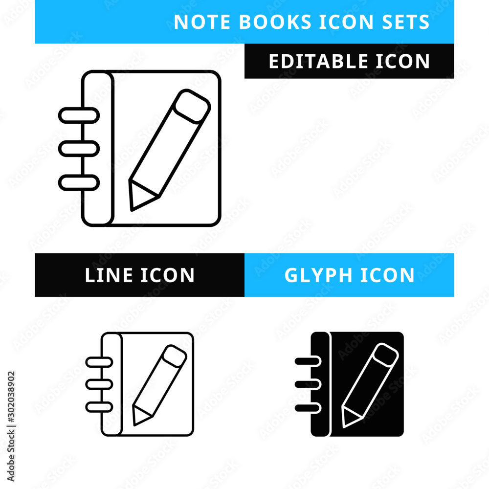 Note Book icons set vector design, modern editable line and glyph icon, black color and isolated for icon presentation, website and banner Note Book icons set vector design, modern editable line and glyph icon, black color and isolated for icon presentation, website and banner