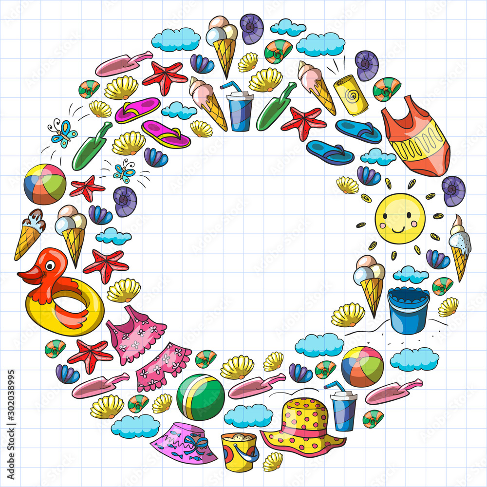 Obraz premium Vector pattern. Summer vacations. Beach, ocean, island, sun