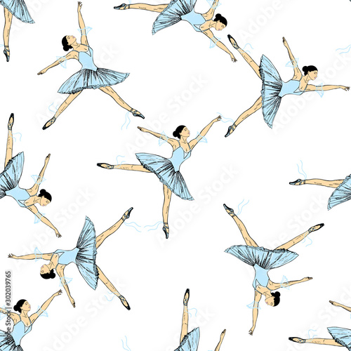Seamless pattern of hand drawn sketch style abstract ballet dancers isolated on white background. Vector illustration.