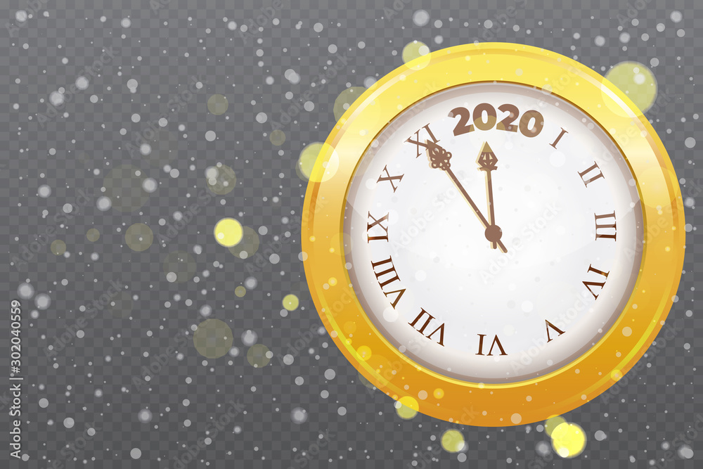 Gold shiny 2020 New Year countdown watch. Holiday antique Christmas celebration clocks with golden confetti, xmas night celebrate background. Vector illustration. Gold shiny 2020 New Year countdown watch. Holiday antique Christmas celebration clocks with golden confetti, xmas night celebrate background. Vector illustration.