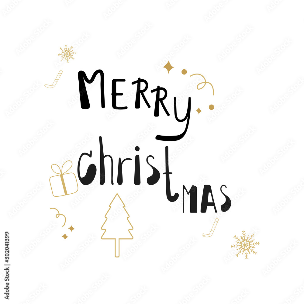 Merry christmas black hand drawn lettering with gold glitter and christmas, tree gift texture line art  on white background. Xmas graphic calligraphy design. Vector Illustration