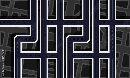 Road in the shape of figures vector icon. 2020 year with city silhouette top view concept.