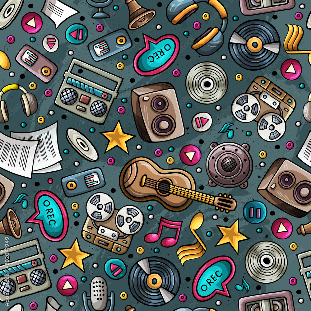 Naklejka premium Cartoon hand-drawn musical instruments seamless pattern