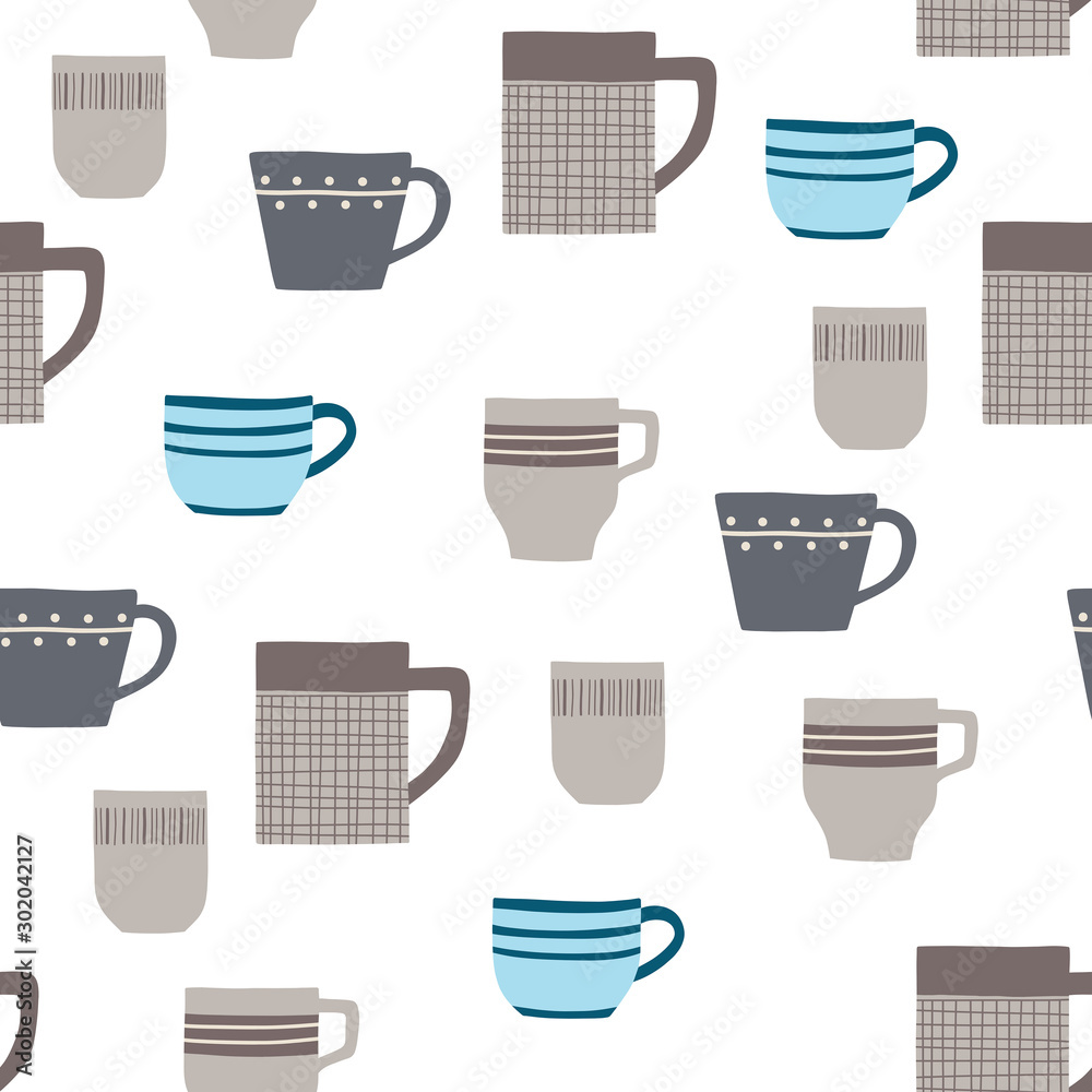 Seamless pattern with different style cups. Hand drawn illustration wallpaper. Digital vector paper in shades of gray, beige, blue. Folk art style. Seamless pattern with different style cups. Hand drawn illustration wallpaper. Digital vector paper in shades of gray, beige, blue. Folk art style.