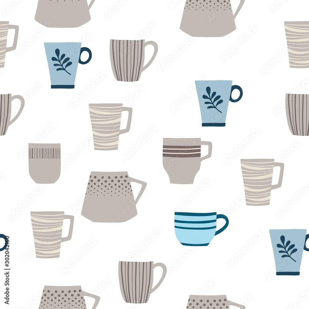 Seamless pattern with different cups. Hand drawn illustration wallpaper. Digital vector paper in shades of beige and blue. Folk art style. Seamless pattern with different cups. Hand drawn illustration wallpaper. Digital vector paper in shades of beige and blue. Folk art style.