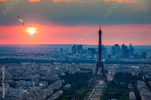 View of Paris with Eiffel Tower from Montparnasse building. Eiffel tower view with flying birds from Montparnasse at sunset, view of the Eiffel Tower and La Defense district in Paris, France. © daliu
