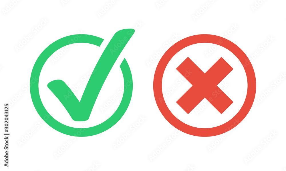 Tick and cross signs. Green checkmark OK and red X icons. Flat color style. symbols YES and NO button for vote, decision, web. EPS 10