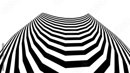 Optical illusion wave. Abstract 3d black and white illusions. Horizontal lines stripes pattern or background with wavy distortion effect. Vector illustration.